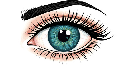 Detailed close-up of a blue eye with eyebrow and lashes on white background