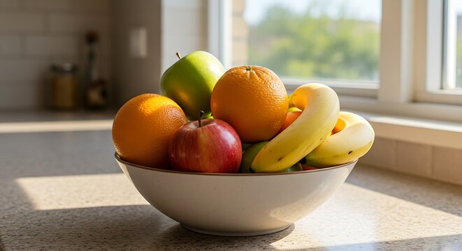 A bowl of fresh fruits including apples, oranges, and bananas on a kitchen countertop near a window.