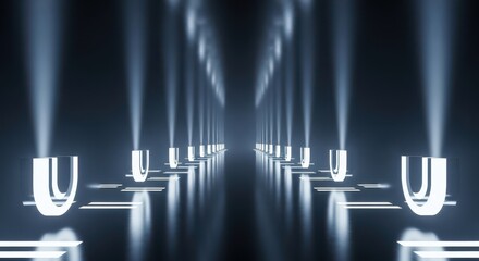 Futuristic Hallway with Glowing Lights and Reflections