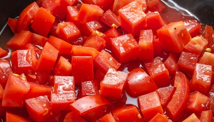 Close-up view of diced tomatoes in a pan, glistening with juices.