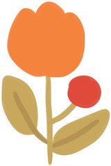 A simple flat design illustration of an orange flower with tan leaves and a red fruit against a black background. Ideal for children's books, springtime themes, and various creative projects.