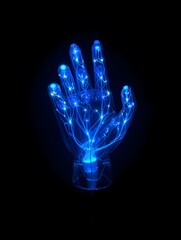 Naklejka premium Glowing blue hand made of lights against a dark background
