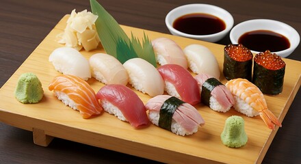 Assorted sushi pieces arranged on a wooden board with wasabi, ginger, and soy sauce