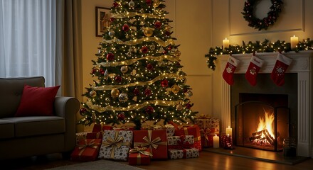 Cozy living room with decorated Christmas tree, fireplace, and wrapped gifts