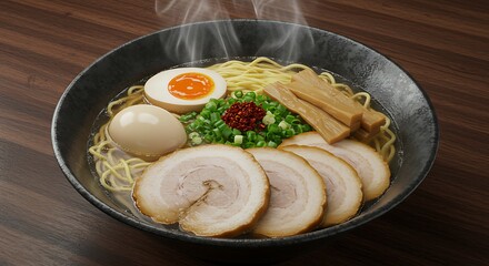 Steaming bowl of ramen with sliced pork, soft-boiled egg, green onions, and bamboo shoots