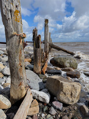 Weathered coastal groynes with old wooden posts and surrounding stones by the sea.