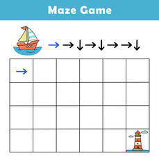 Maze puzzle game for children with cute boat. Logic Labyrinth with Code Navigation. Kids labyrinth puzzle. Maze activity sheet for kids.