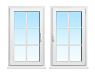 Two identical white windows with light blue sky