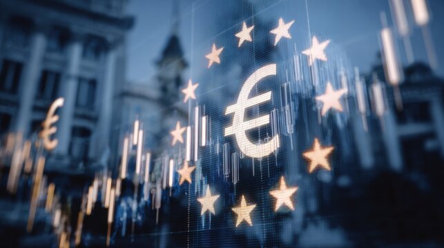 Eurozone Economic Dynamics: A compelling representation of European economic activity, featuring the Euro symbol overlaying a dynamic graph amidst an impressive architectural backdrop.