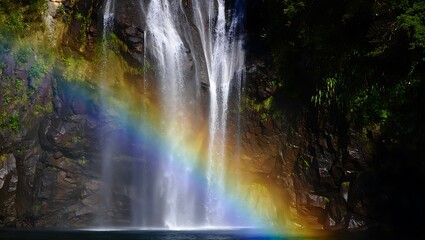 Vibrant rainbow arcs across a lush waterfall in a tropical forest