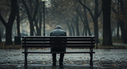 A solitary figure sits on a bench in a misty, autumnal park.