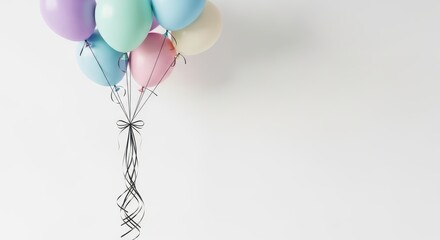 Pastel Balloons Tied With Ribbons Floating Against White Wall