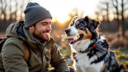 Dog chewing on giant bone, sitting next to man with beard, smiling. Concept of dog chewing on giant bone, warm sunset creating playful atmosphere, pets enjoying moment together.