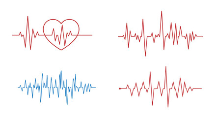 Minimalist heartbeat and pulse line art designs in red and blue