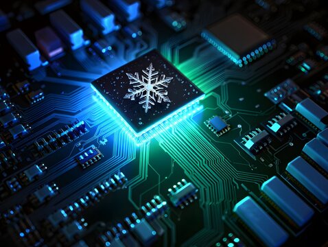 Glowing snowflake on a futuristic computer chip