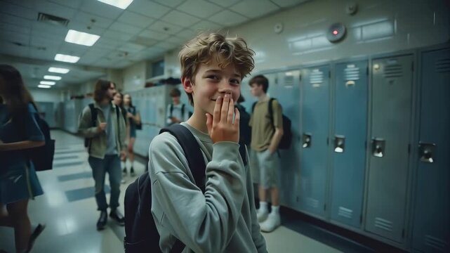 Teen snickering behind hand in school hallway with lockers and classmates in background, concept of adolescence and social dynamics