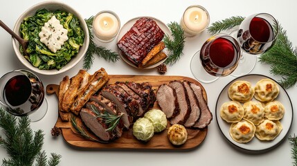 Delicious holiday feast with roasted meats salads candles wine and pastries festive table setting for celebration and family dinner