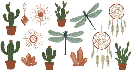 Boho set with cacti, crystals, dreamcatchers and dragonflies in flat design