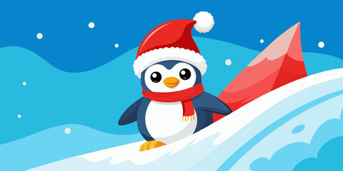 Adorable Cartoon Penguin Snowboarding in Santa Hat, Festive Winter Holiday Illustration, Cheerful and Playful Christmas Design, Perfect for Greeting Cards, Websites, and Children's Products.
