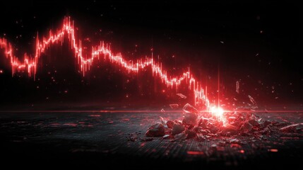 Economic Downturn: A dramatic visualization of financial collapse with a glowing red line charting a downward spiral, shattering amidst a dark and ominous background.