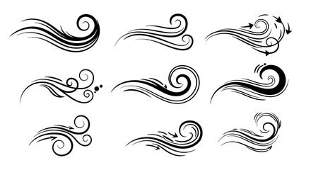 Fototapeta premium Elegant curved wave patterns with swirls and arrows in minimalist black and white design
