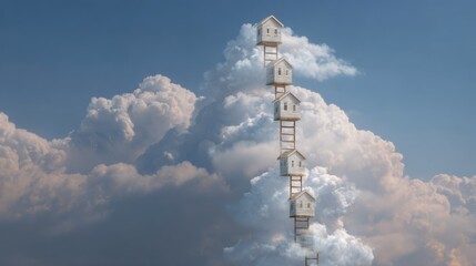 Obraz premium Dreamy Homes Ascending: A whimsical image of a string of quaint homes atop a fluffy cloud, the structure reaches into the azure sky, the scene evokes a sense of aspiration and idyllic living.