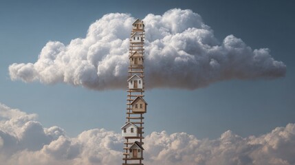 Obraz premium Reaching New Heights: A whimsical tower of houses pierces the clouds, symbolizing aspiration, dreams, and the pursuit of success. The playful arrangement against the backdrop of a dreamy sky.