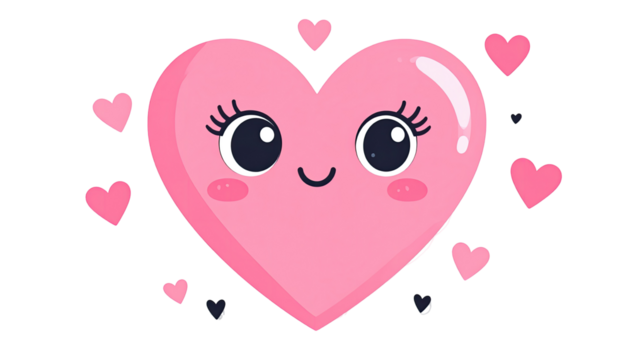 Kawaii heart with a happy face surrounded by smaller hearts