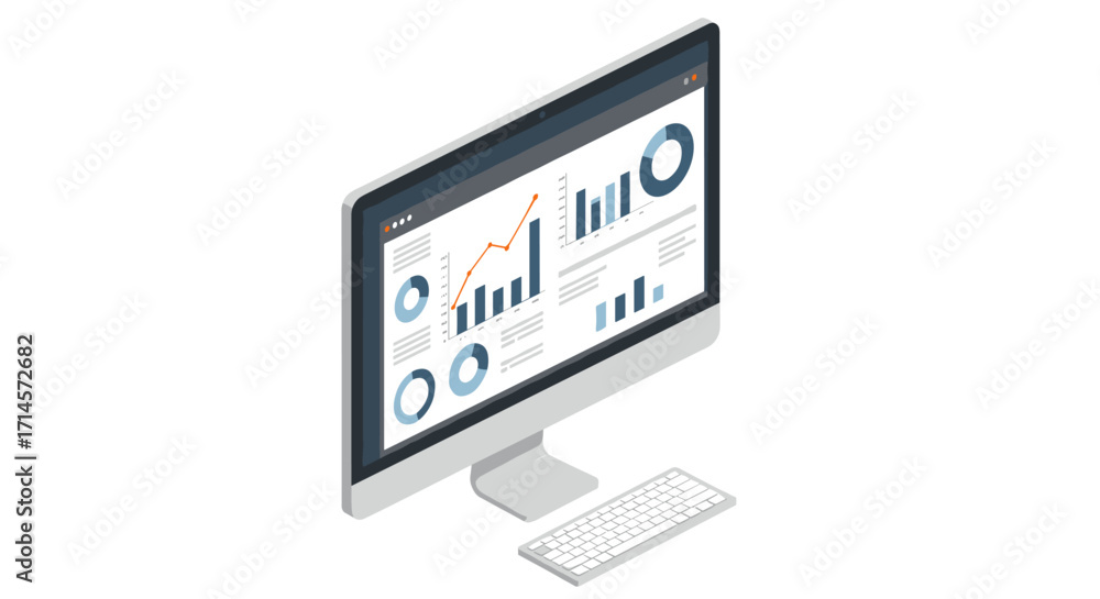 Poster isometric computer display with data analytics dashboard
