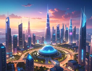 A futuristic city with towering skyscrapers and a central dome structure, bathed in the warm hues of sunrise.