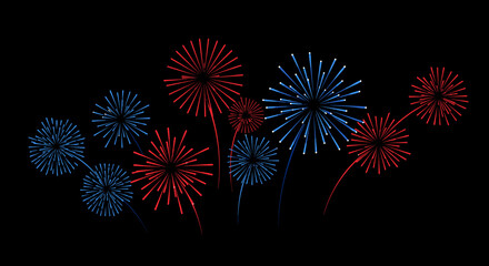 Celebratory red and blue fireworks display on black background