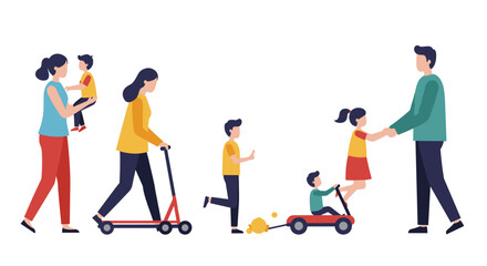 Fototapeta premium Family outdoors: parents and kids playing in simple flat design