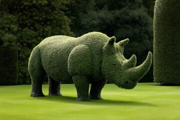 Formal garden landscape with rhinoceros shaped topiary sculpture standing on lush green manicured lawn