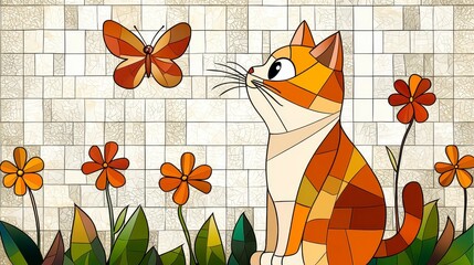 Orange Tabby Cat and Butterfly in a Mosaic Garden