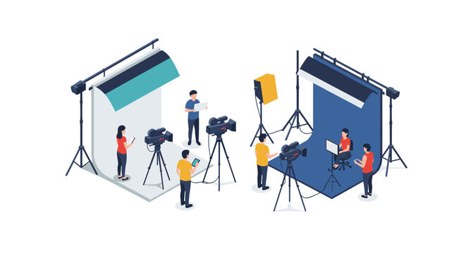 Modern isometric film set with crew and equipment in studio scene