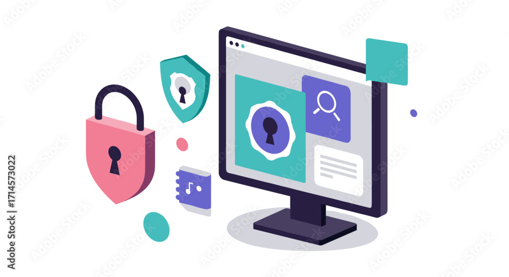 Poster isometric digital security concept with computer monitor and lock shield icons