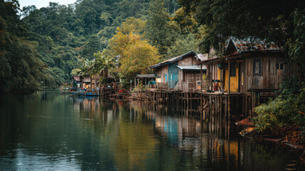 Fototapeta premium Tranquil riverside village with wooden houses reflecting in calm water surrounded by lush greenery and forested hills under a cloudy sky in a serene atmosphere.