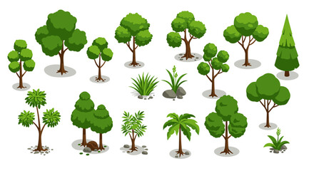 Fototapeta premium Collection of diverse trees and plants in isometric style for natural designs