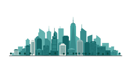 Fototapeta premium Modern city skyline with simplified geometric buildings and trees on horizon