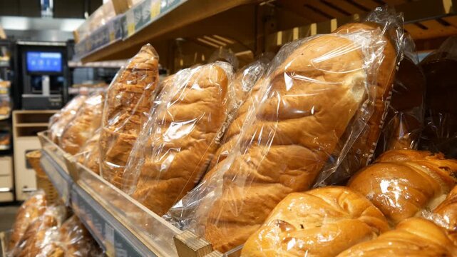 A male customer's hand taking a fresh loaf of bread from a bakery counter