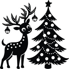 A funny Christmas cartoon of a reindeer wearing a Santa hat and a nose on a chocolate cupcake vector illustration