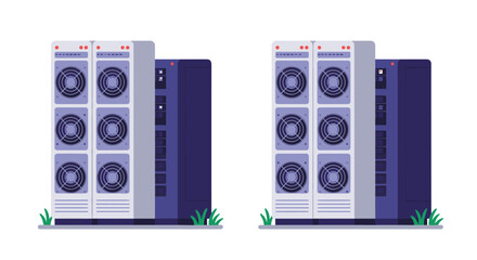 Obraz premium Modern data center servers in flat style with cooling fans and minimalist design