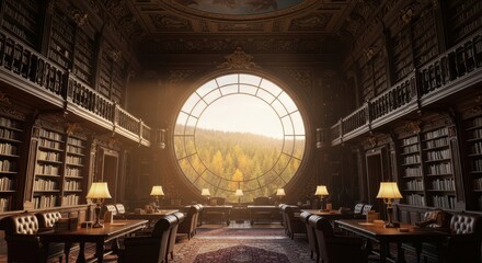Grand Library With Circular Window Overlooking Forest