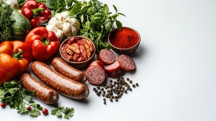 Assorted fresh vegetables and cured meats including tomatoes, garlic, herbs, spices, sausages, and sliced salami on a white background for culinary preparation