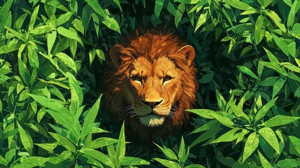 Majestic Lion Head Emerging From Lush Green Foliage