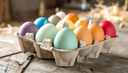 Colorful Easter eggs in a carton on a rustic wooden surface