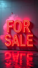 Neon sign advertising "For Sale" on a wall, reflected on a wet floor