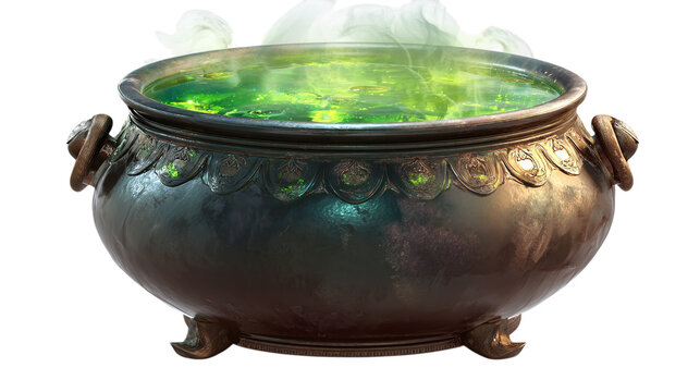Bubbling cauldron with green potion isolated on transparent background