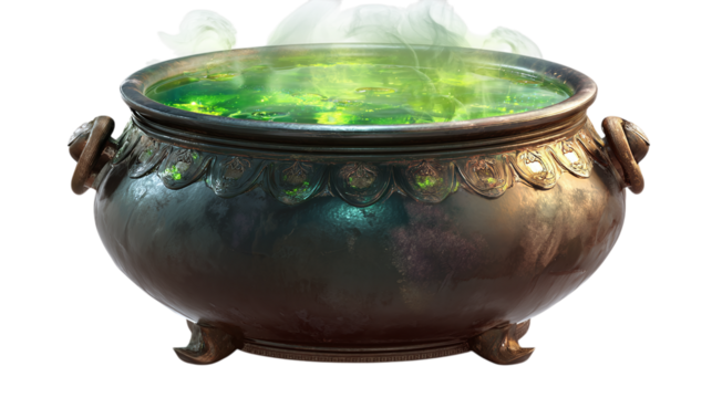 Bubbling cauldron with green potion isolated on transparent background