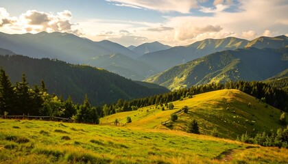 Obraz premium Mountain valley landscape at sunset (1)